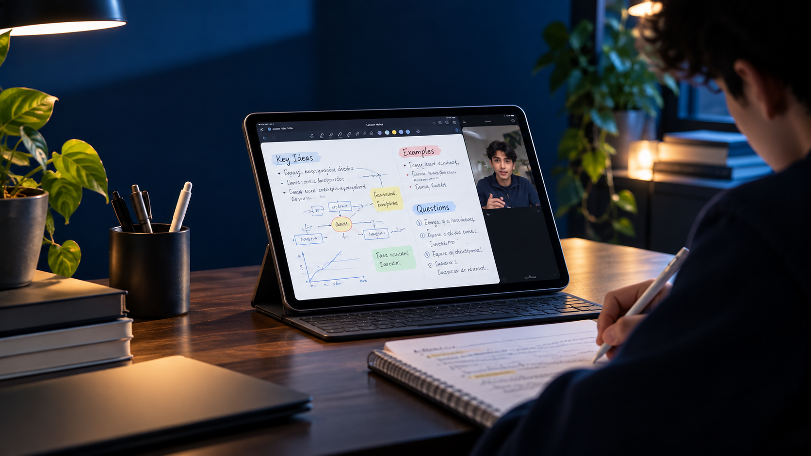 Student taking notes during an online tutoring session with a shared digital whiteboard on an iPad